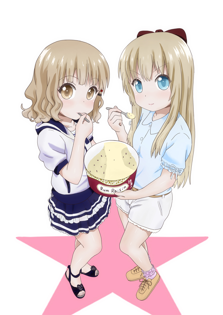 blue_eyes, bow, brown_eyes, brown_hair, eating, food, highres, ice_cream