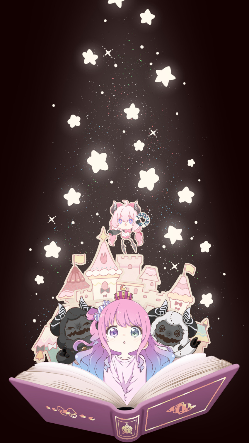 1girl, :o, aged_down, apple_anzu, black_background, blue_hair, book, candy_hair_ornament, castle, character_request, child, commentary_request, creature, crown, food-themed_hair_ornament, gradient_hair, green_eyes, hair_ornament, heterochromia, highres, himemori_luna, hololive, horns, long_hair, long_sleeves, looking_at_viewer, multicolored_hair, on_book, one_side_up, open_book, open_mouth, pink_hair, pink_shirt, red_crown, shirt, simple_background, solo, star_(sky), violet_eyes, virtual_youtuber