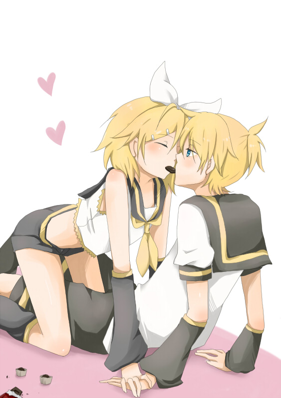 bad_id, blonde_hair, blue_eyes, brother_and_sister, chocolate, hair_ornament, hair_ribbon, hairclip, heart, incest, incipient_kiss, kagamine_len, kagamine_rin, mouth_to_mouth_feeding, ribbon, short_hair, shorts, siblings, sitting, twincest, twins, vocaloid, yaichi_(reverie)
