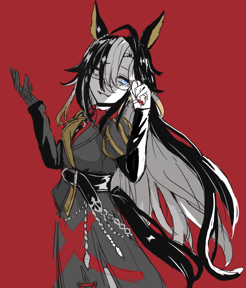 1girl, absurdres, adjusting_eyewear, ahoge, animal_ear_piercing, animal_ears, belt, black_belt