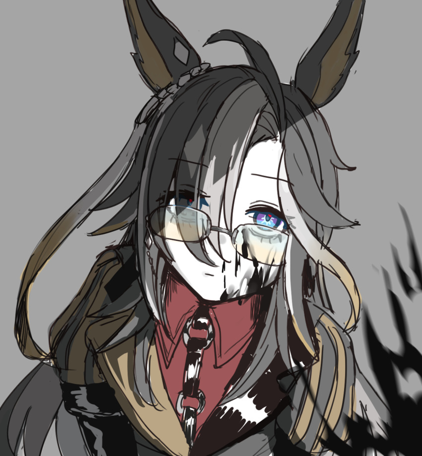 1girl, ahoge, animal_ear_piercing, animal_ears, asymmetrical_bangs, asymmetrical_clothes, asymmetrical_hair, black_liquid