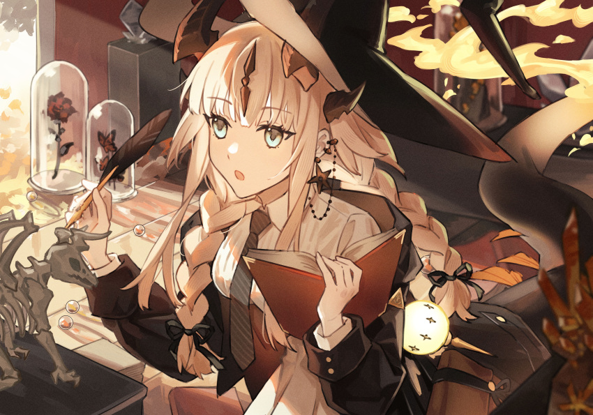 1girl, :o, absurdres, animal_skeleton, aqua_eyes, arknights, ayami_chan_0122, black_coat