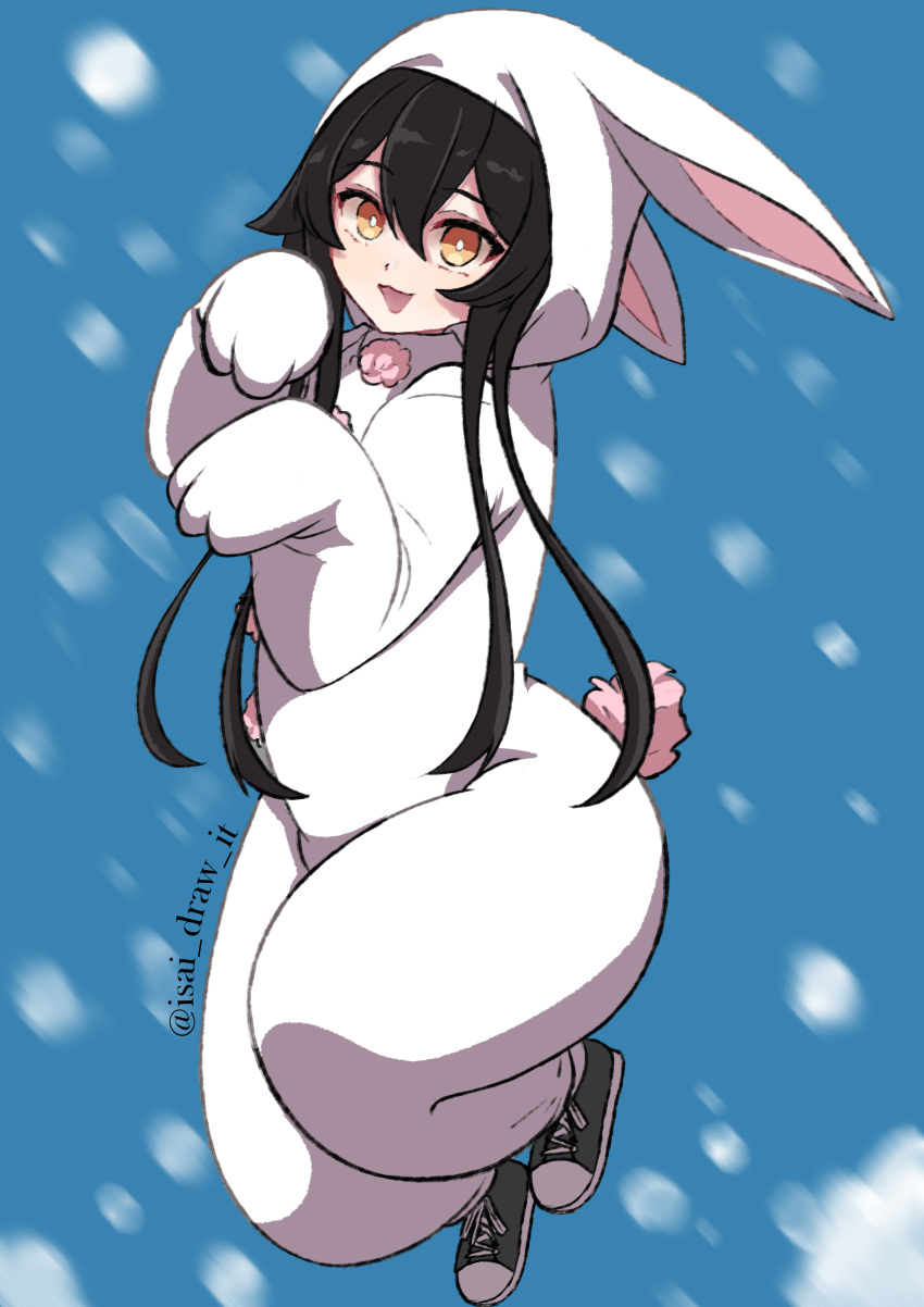 1girl, :d, absurdres, animal_ears, black_hair, blue_background, bright_pupils, hair_between_eyes