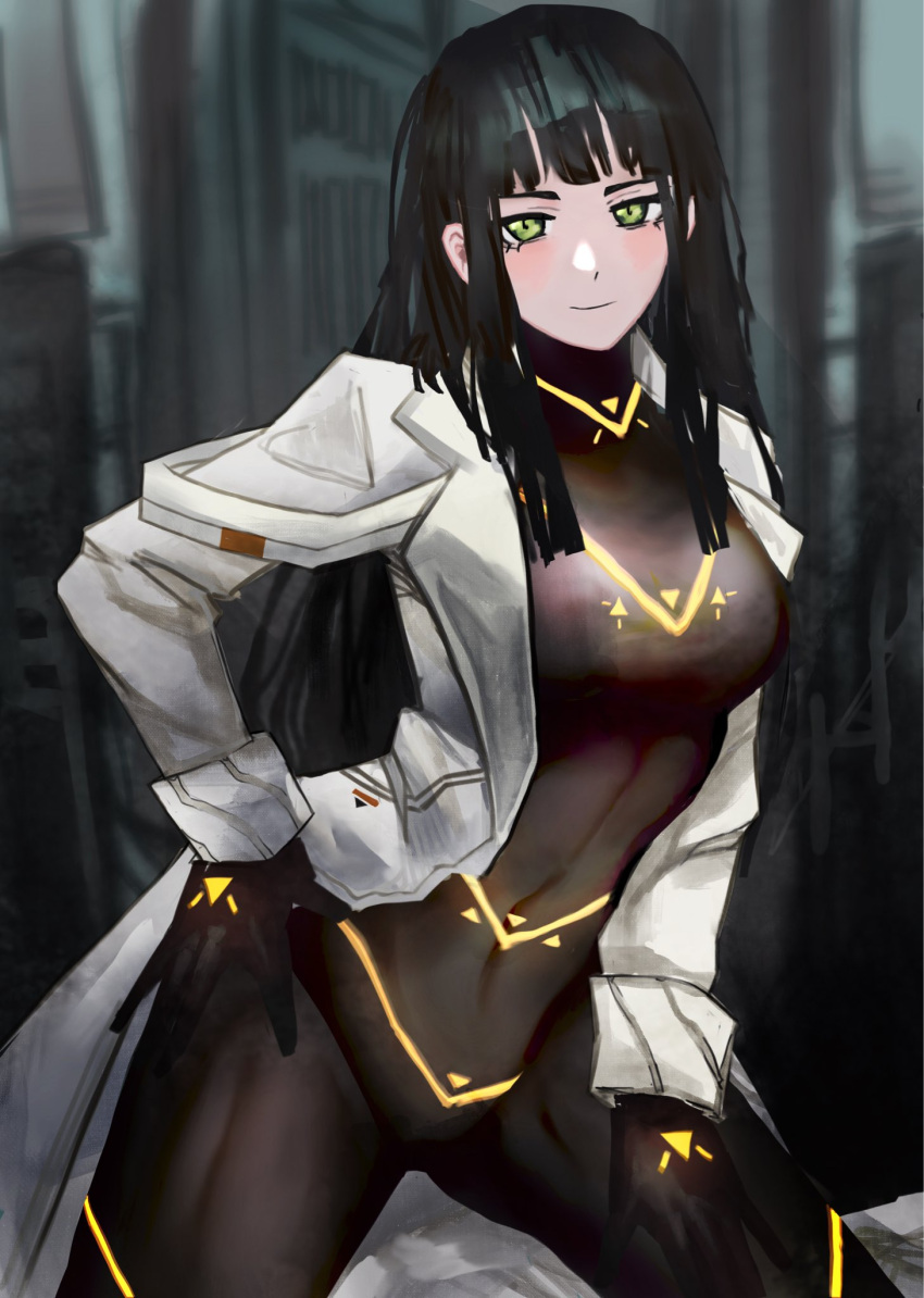 1girl, black_hair, bodysuit, breasts, cer00l, cesara_(project_moon), covered_navel, curvy