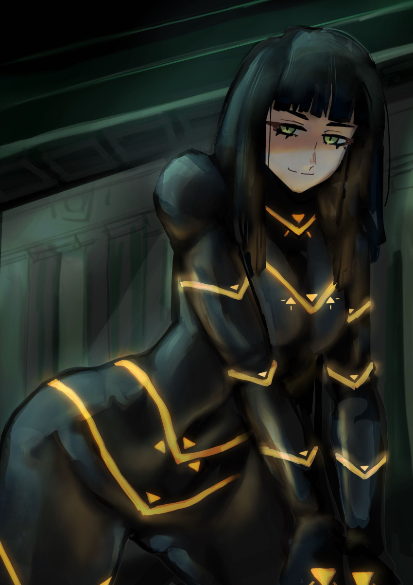 1girl, absurdres, arm_support, bent_over, black_hair, bodysuit, breasts, cer00l