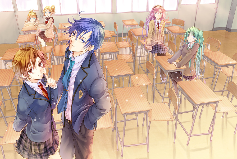 blazer, blonde_hair, blue_eyes, blue_hair, brown_eyes, brown_hair, cardigan, classroom