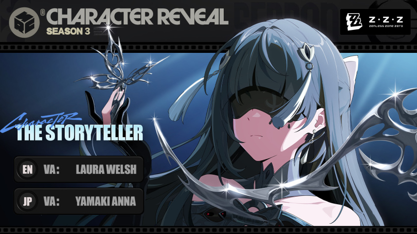 1girl, bare_shoulders, black_gloves, black_hair, blindfold, blindfold_mask, blunt_bangs, bug