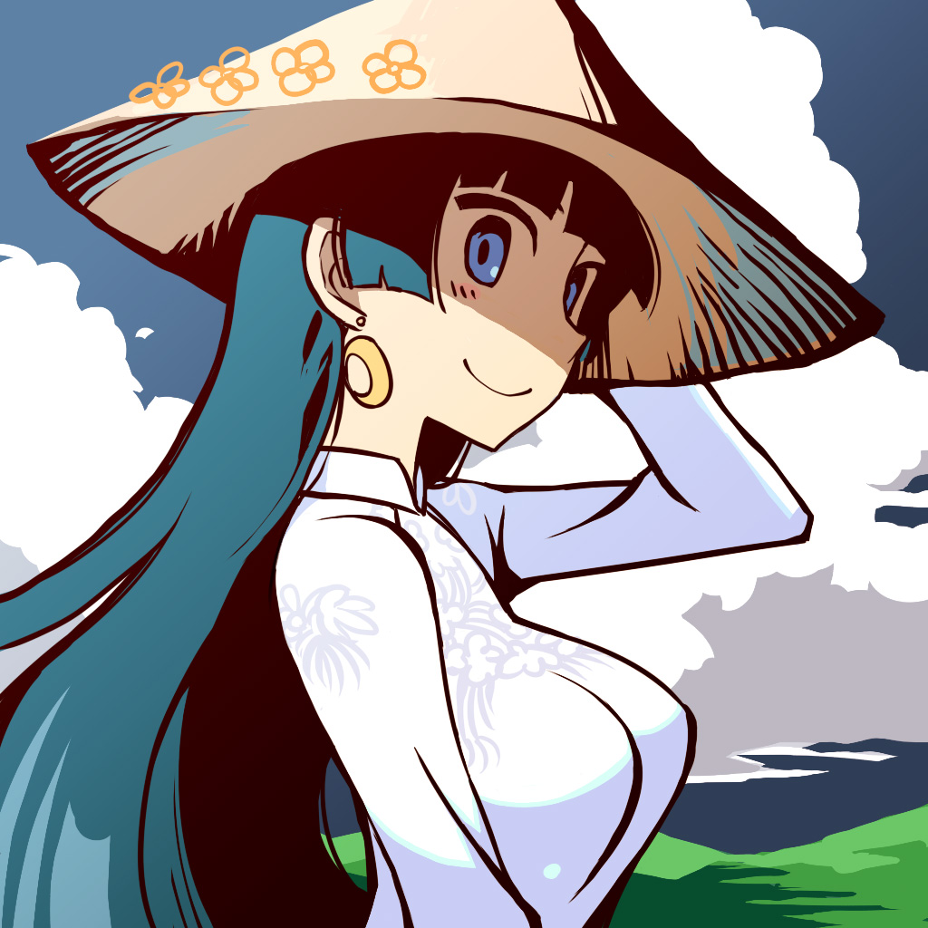 blue_eyes, earrings, hat, hime_cut, jewelry, kagami_no_machi_no_kaguya, kaguya_(kagami_no_machi_no_kaguya), kusanagi_tonbo