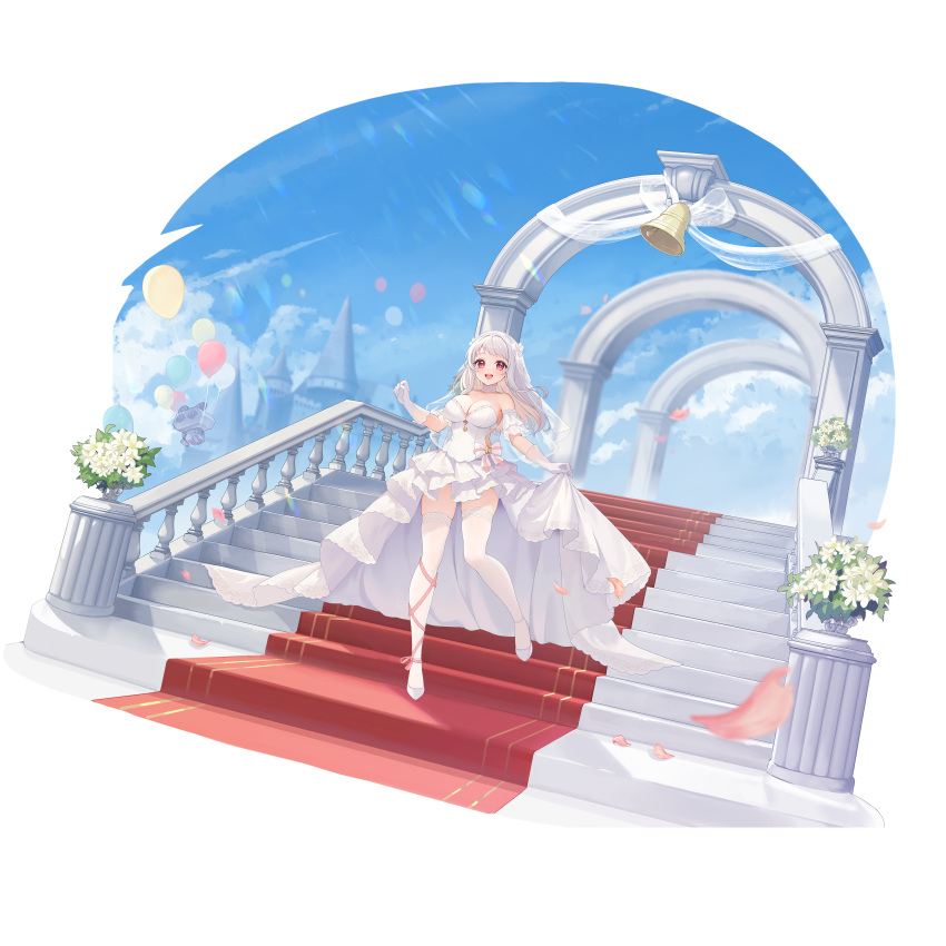 1girl, absurdres, balloon, bell, blue_sky, breasts, changchun_(warship_girls_r), dress