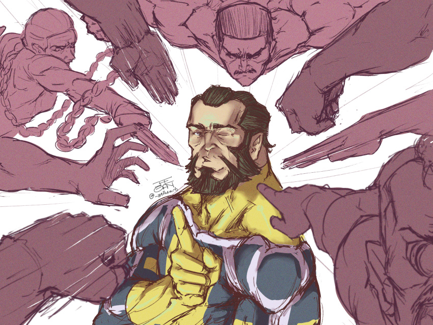 artist_name, beard, bodysuit, braid, clenched_hand, facial_hair, finger_to_mouth, highres