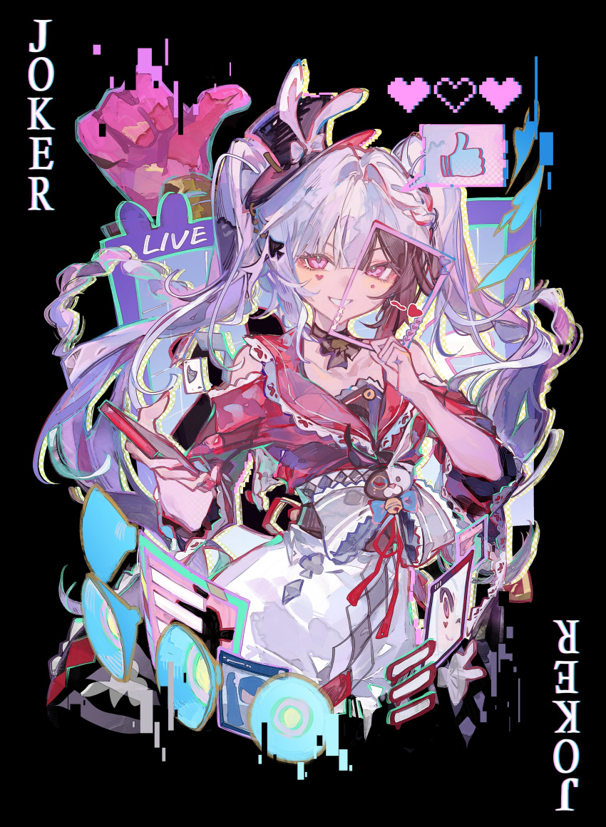 2girls, absurdres, bare_shoulders, black_choker, black_hair, black_sash, braid, card