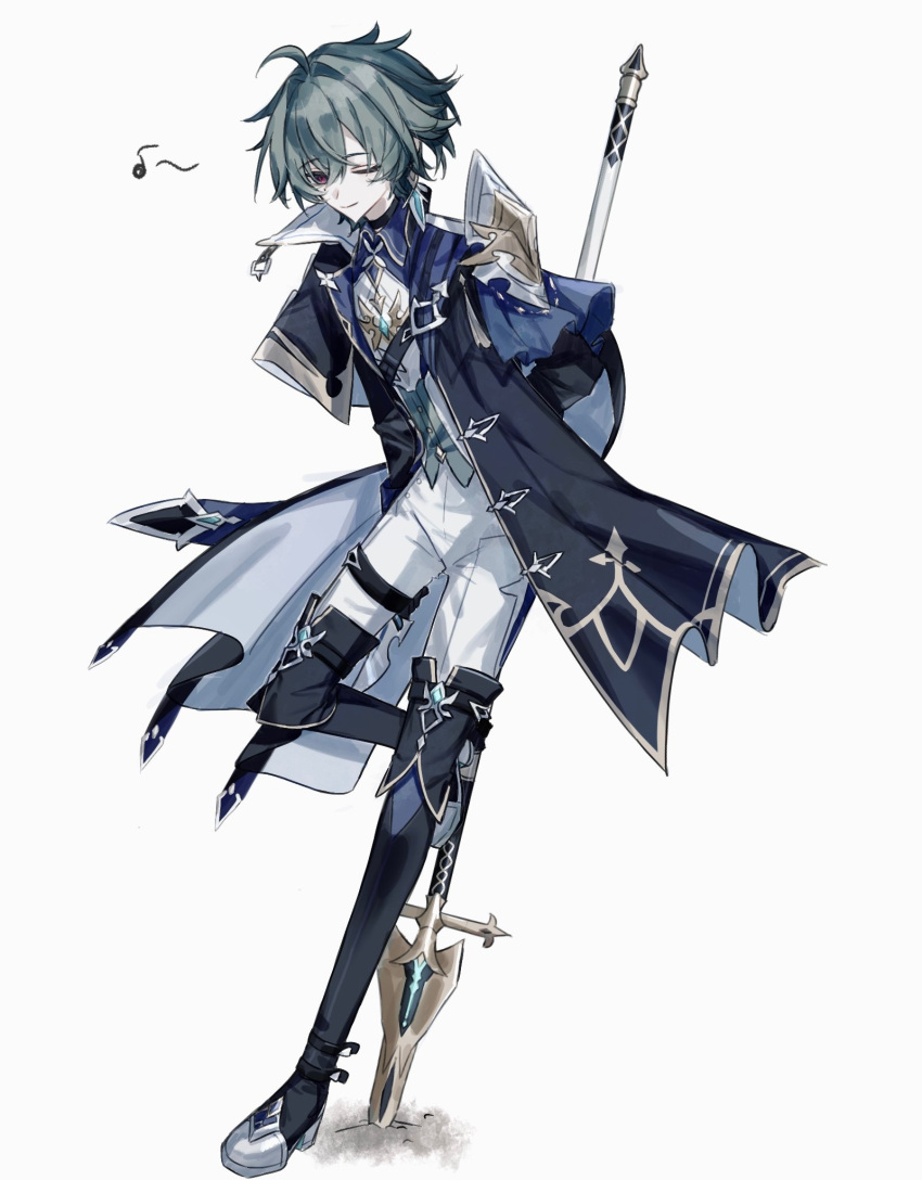 1boy, ;), ahoge, armor, belt, belt_collar, black_belt, black_boots