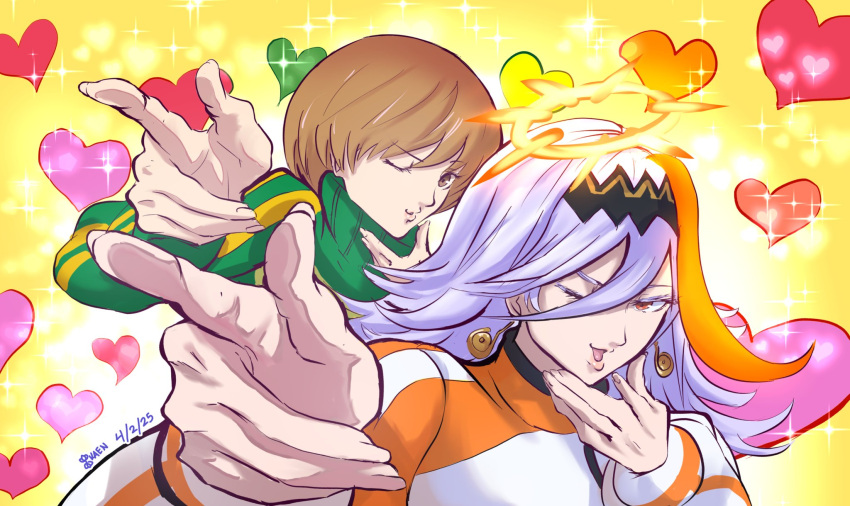 2girls, artist_name, badge, baldr_(fire_emblem_heroes), black_hairband, brown_eyes, brown_hair, button_badge