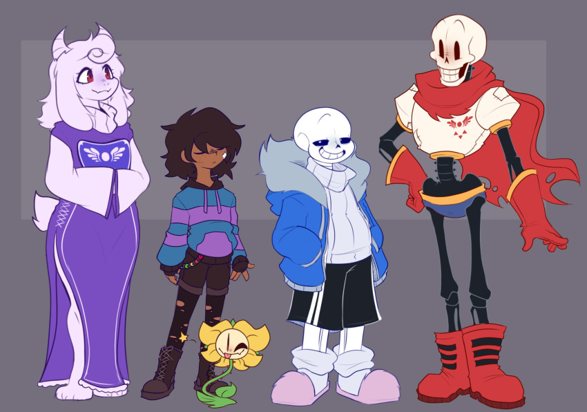 1girl, 1other, 2025, 2d, 3boys, ambiguous_gender, animal_ears, animal_nose, anthro, arm_at_side, armor, arms_at_sides, bandaid, bandaid_on_face, bandaid_on_knee, bandaid_on_nose, barefoot, black_shorts, blue_hood, blue_jacket, blue_shorts, blue_sweater, body_fur, bolttheman, boots, border, brothers, brown_boots, brown_gloves, brown_hair, brown_shorts, cape, child, commentary, contrapposto, delta_rune_(symbol), delta_rune_print, digital_media, double_horizontal_stripe, double_vertical_stripe, drawstring, droopy_ears, english_commentary, eyelashes, fangs, female, fewer_digits, fingerless_gloves, floppy_ears, flower, flower_focus, flowey_(undertale), freckles, frisk_(undertale), full_body, fur-trimmed_jacket, fur_trim, furry, furry_female, gloves, goat, goat_ears, goat_girl, goat_horns, goat_tail, grey_background, grey_border, half-closed_eyes, hand_on_own_hip, hands_in_pockets, height_difference, highres, hip_bones, hollow_eyes, hood, hood_down, hooded_jacket, hooded_sweater, horizontal-striped_clothes, horns, human, humanoid, jacket, lace-up_boots, leaf, lineup, long_sleeves, male, mammal, monster, monster_boy, monster_girl, multiple_boys, one_eye_closed, open_clothes, open_jacket, own_hands_together, pantyhose, pantyhose_under_shorts, papyrus_(undertale), pink_slippers, pink_stripes, plant, print_armor, print_robe, purple_pantyhose, purple_robe, red_boots, red_cape, red_eyes, red_gloves, robe, sans_(undertale), short_hair, shorts, siblings, simple_background, skeleton, skin_fangs, slippers, smile, socks, spikes, spine, standing, star_(symbol), striped_clothes, striped_shorts, striped_sleeves, striped_sweater, sweater, tail, tail_tuft, teeth, tongue, tongue_out, toriel, torn_cape, torn_clothes, torn_pantyhose, turtleneck, turtleneck_robe, turtleneck_sweater, two-tone_sweater, undead, undertale, utdr_(toby_fox), vertical-striped_clothes, vertical-striped_shorts, white_armor, white_fur, white_horns, white_sleeves, white_socks, white_stripes, white_sweater, yellow_flower