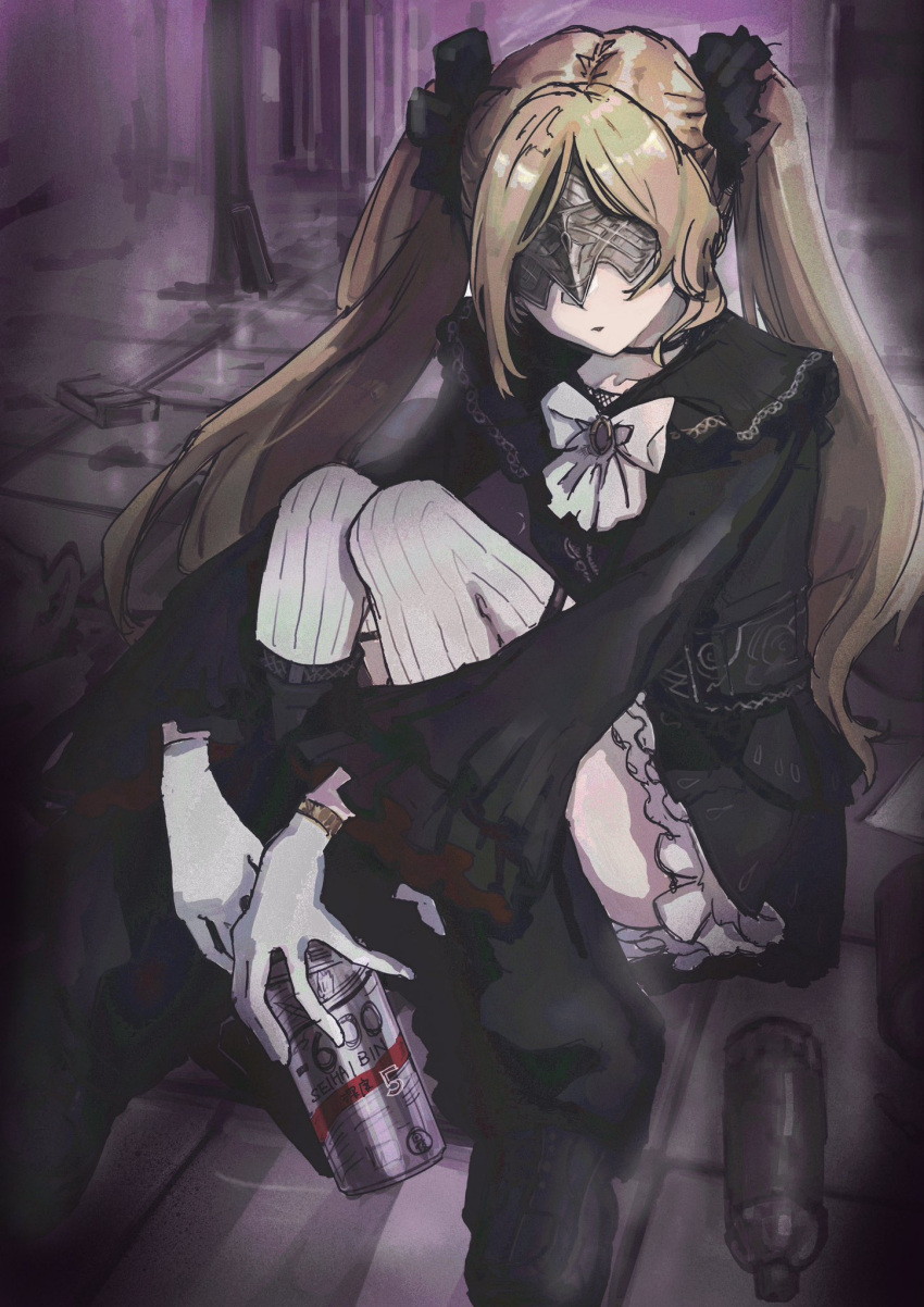 1girl, beer_can, black_shirt, black_shoes, black_skirt, blonde_hair, bottle, bow