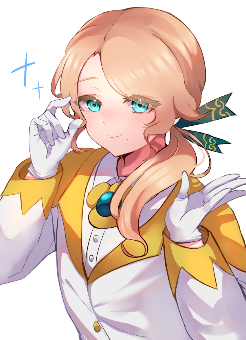 1boy, androgynous, aqua_eyes, blonde_hair, blue_gem, blush, bow, brooch