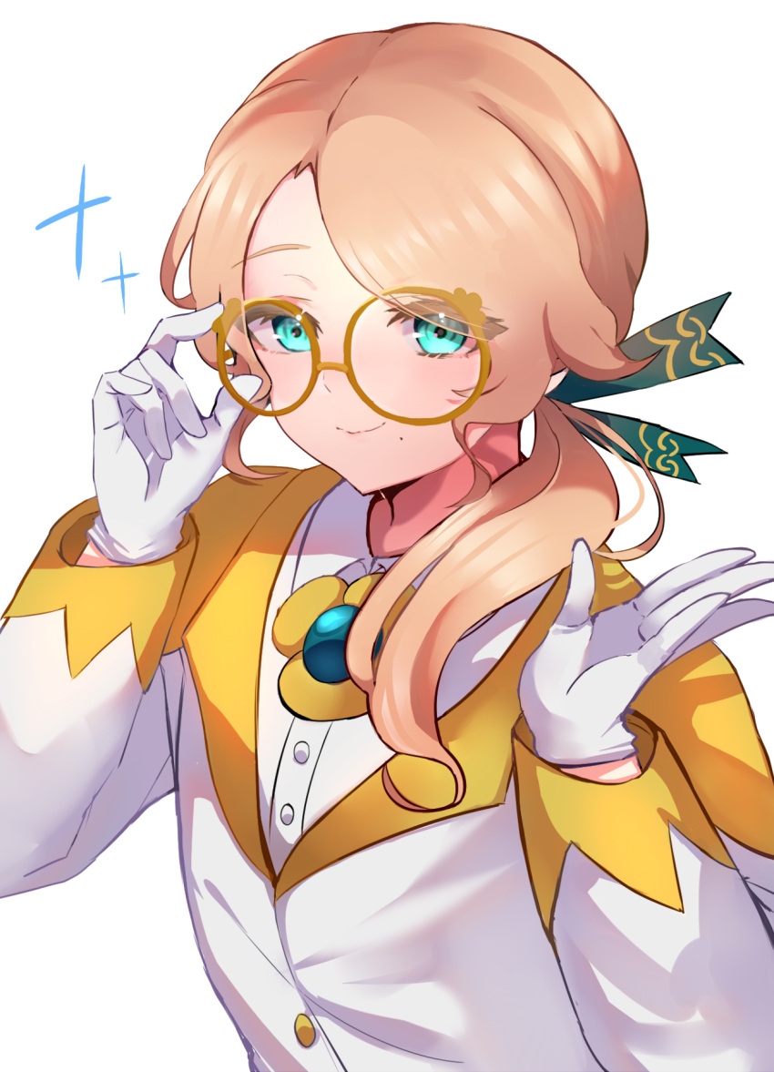 1boy, adjusting_eyewear, androgynous, aqua_eyes, blonde_hair, blue_gem, blush, bow