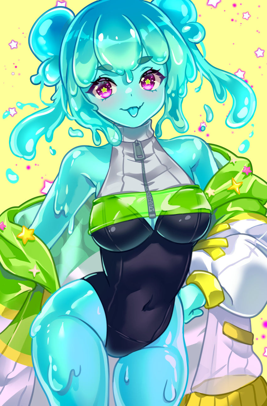 1girl, absurdres, aqua_tongue, bare_hips, bare_shoulders, beastiez, black_leotard, blue_hair