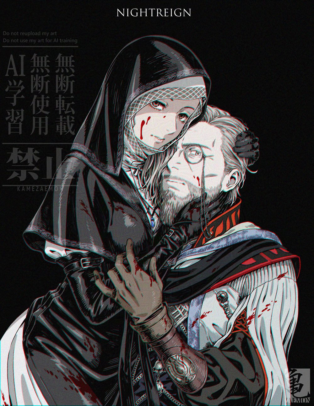 1boy, 1girl, beard, black_background, black_capelet, black_dress, black_gloves, black_hood
