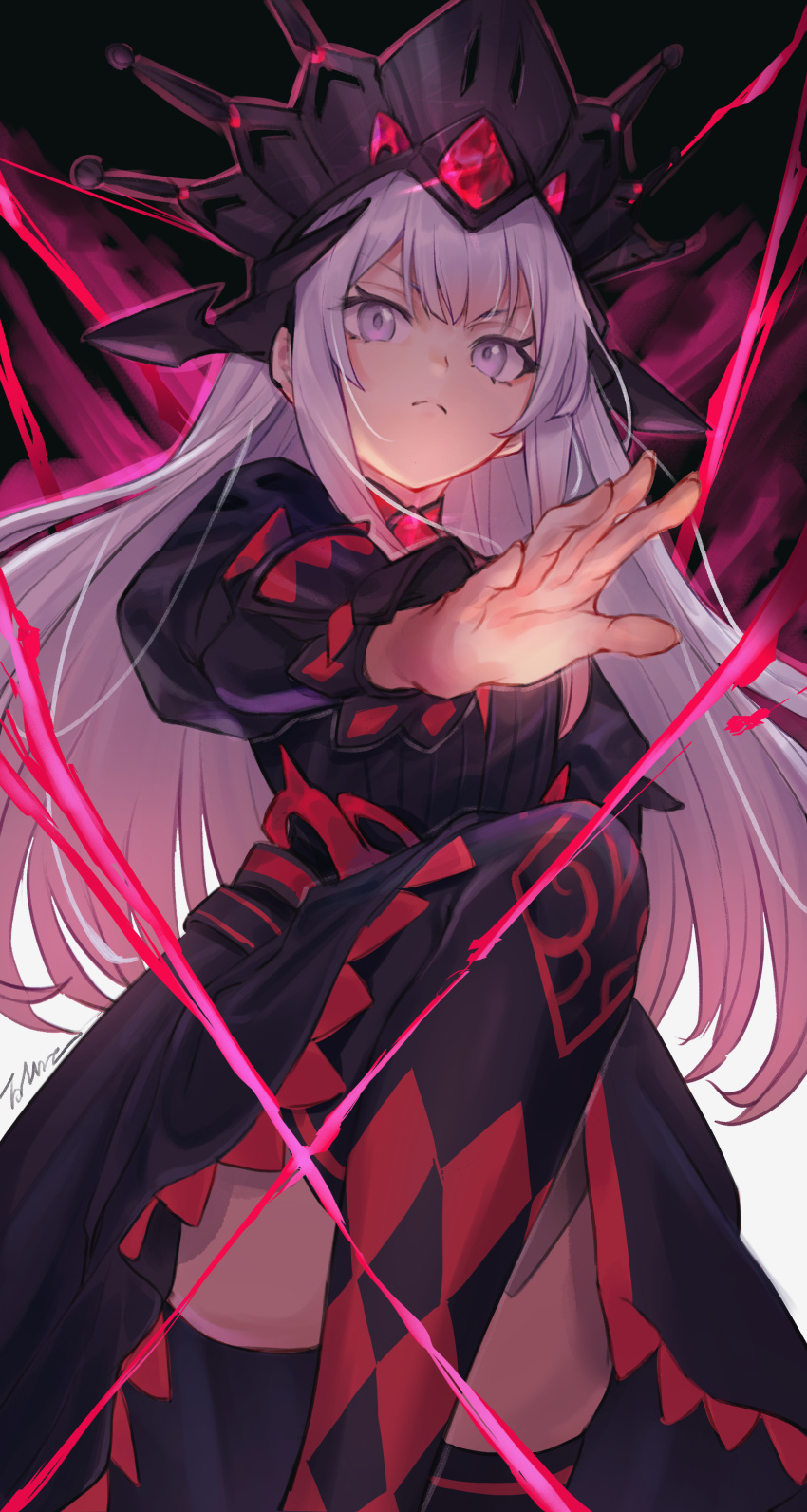 1girl, absurdres, black_dress, black_thighhighs, breasts, checkered_clothes, checkered_legwear, closed_mouth