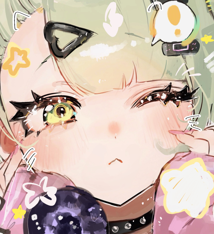 !, 1girl, :<, arm_warmers, bandaid, bandaid_hair_ornament, blush, closed_mouth, collar, commentary_request, drawn_horns, drawn_whiskers, fingernails, green_eyes, green_hair, hair_ornament, heart, heart_hair_ornament, highres, looking_at_viewer, multiple_hair_clips, one_eye_closed, pink_arm_warmers, pink_nails, pof_h0, portrait, solo, spoken_exclamation_mark, star_(symbol), sunna_(zenless_zone_zero), zenless_zone_zero
