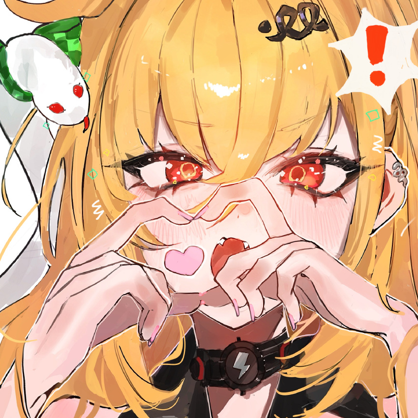!, 1girl, animal, black_choker, chalky_(zenless_zone_zero), choker, cissia_(zenless_zone_zero), commentary_request, ear_piercing, fangs, fingernails, hair_ornament, hairclip, heart, heart_hands, highres, looking_at_viewer, open_mouth, piercing, pof_h0, red_eyes, simple_background, snake, upper_body, white_background, zenless_zone_zero
