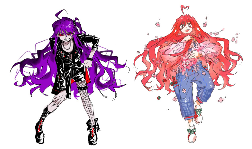 2girls, ahoge, badeline, black_boots, black_eyes, black_jacket, black_skirt, blue_overalls