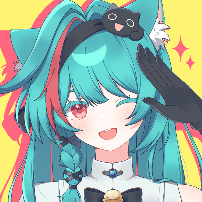 1girl, ;d, animal_ear_fluff, animal_ears, black_bow, black_bowtie, black_gloves, black_hairband