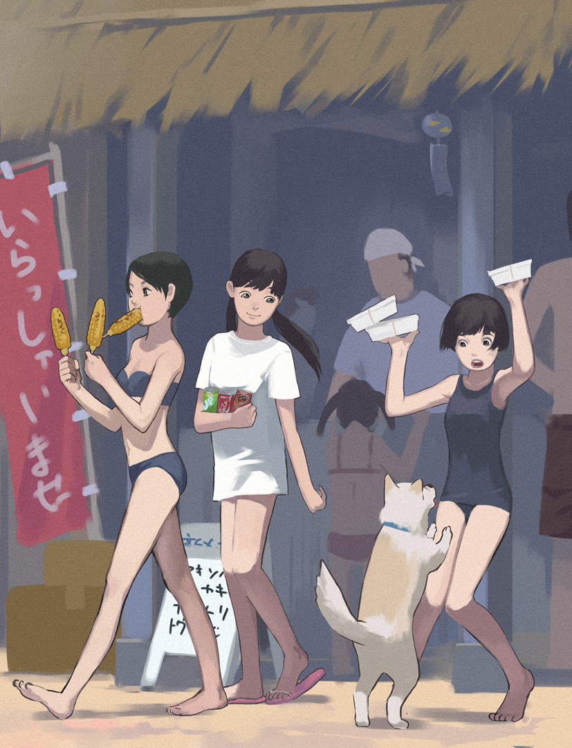 7up, a&amp;w, bad_id, barefoot, bikini, black_hair, coca-cola, corn, corncob, dog, eko-des-co, flip-flops, multiple_girls, sand, sandals, short_hair, soda_can, summer, swimsuit, t-shirt, twintails