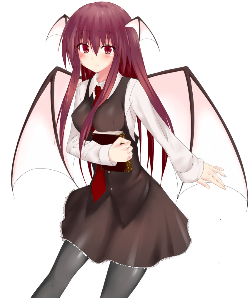 bat_wings, black_legwear, blush, book, dress, dress_shirt, head_wings, highres, koakuma, long_hair, necktie, pantyhose, pointy_ears, red_eyes, red_hair, redhead, shirt, skirt, smile, solo, the_embodiment_of_scarlet_devil, touhou, tukiuta, vest, wings
