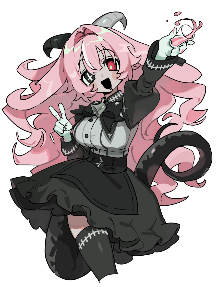 1girl, apron, arm_up, asymmetrical_horns, bell, black_apron, black_bow, black_bowtie