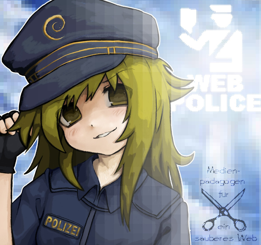 1girl, :3, adjusting_clothes, adjusting_headwear, arm_at_side, black_gloves, blue_hat, blue_shirt