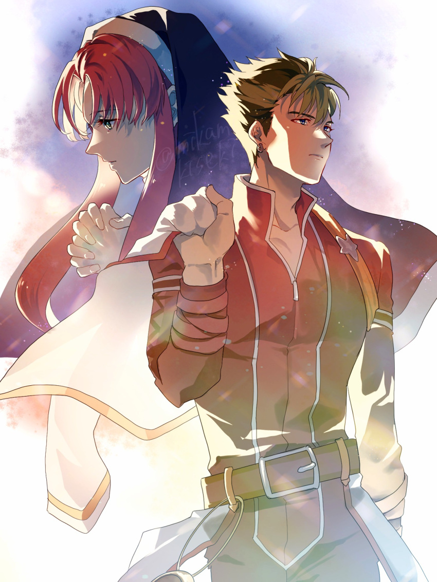 1boy, 1girl, blue_eyes, closed_mouth, commentary_request, earrings, eiyuu_densetsu, floating_hair