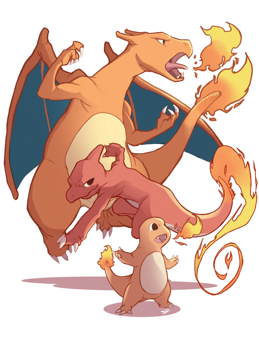 absurdres, black_eyes, breath_weapon, breathing_fire, charizard, charmander, charmeleon, claws, evolutionary_line, fangs, fire, flame-tipped_tail, full_body, highres, no_humans, open_mouth, pokemon, pokemon_(creature), sarohangart, simple_background, tail, white_background