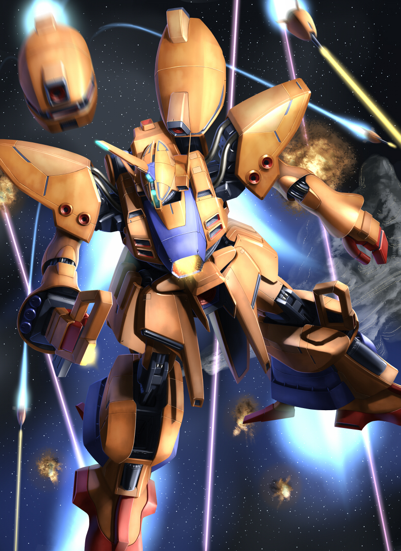 amx-015_geymalk, asteroid, battle, beam, explosion, funnels, geymalk, glowing, glowing_eyes, gundam, gundam_zz, laser, mecha, raybar, solo, space, war