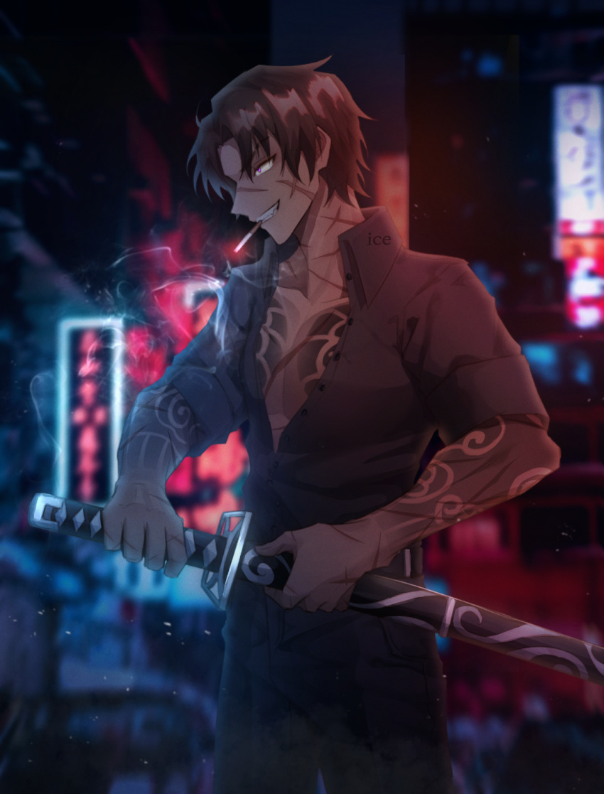 1boy, arm_tattoo, black_pants, chest_tattoo, cigarette, commentary, cowboy_shot, heathcliff_(project_moon)
