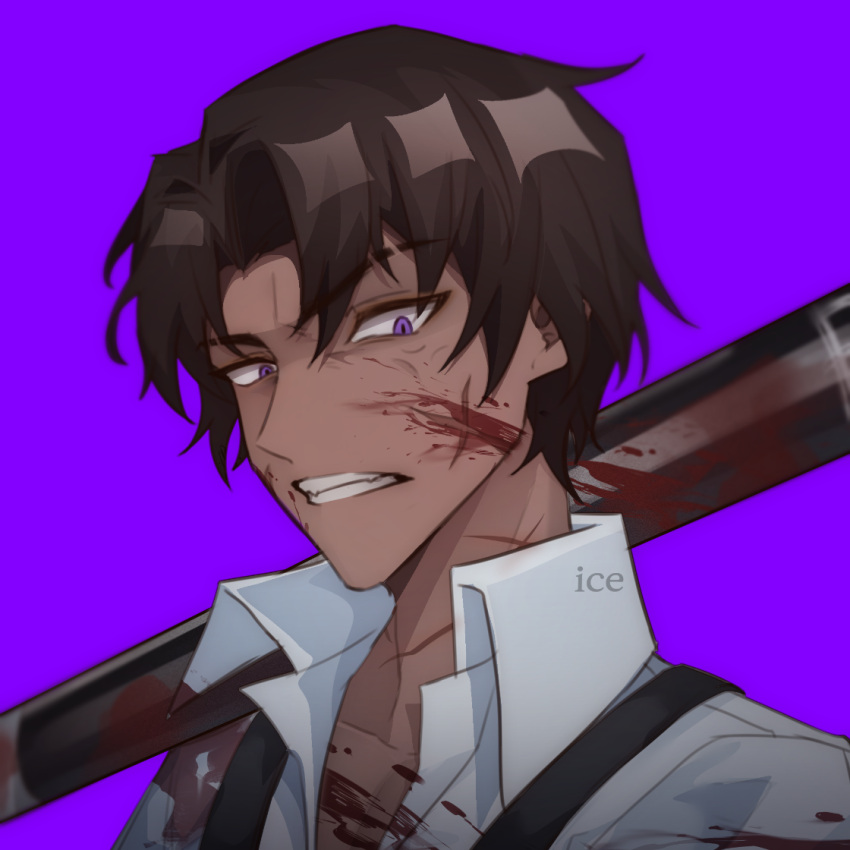 1boy, baseball_bat, blood, blood_on_clothes, blood_on_face, brown_hair, clenched_teeth, collared_shirt