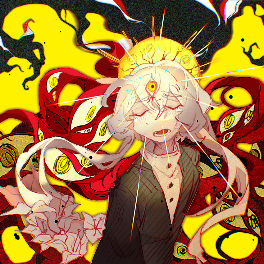 1girl, black_jacket, charlotte_wiltshire_(oracle), closed_eyes, commentary_request, crying, flesh, flower, halo, hello_charlotte, highres, jacket, long_hair, open_mouth, short_hair_with_long_locks, sidelocks, sige_(kheg7252), solo, surreal, third_eye, upper_body, white_flower, white_hair, yellow_eyes