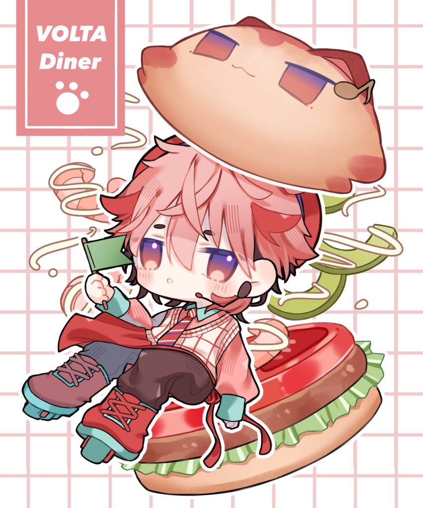 1boy, bread, bread_bun, brown_pants, chibi, commentary_request, facing_viewer, flag