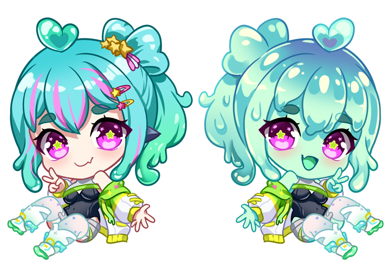 1girl, beastiez, black_leotard, blue_hair, breasts, chibi, colored_tongue, commentary
