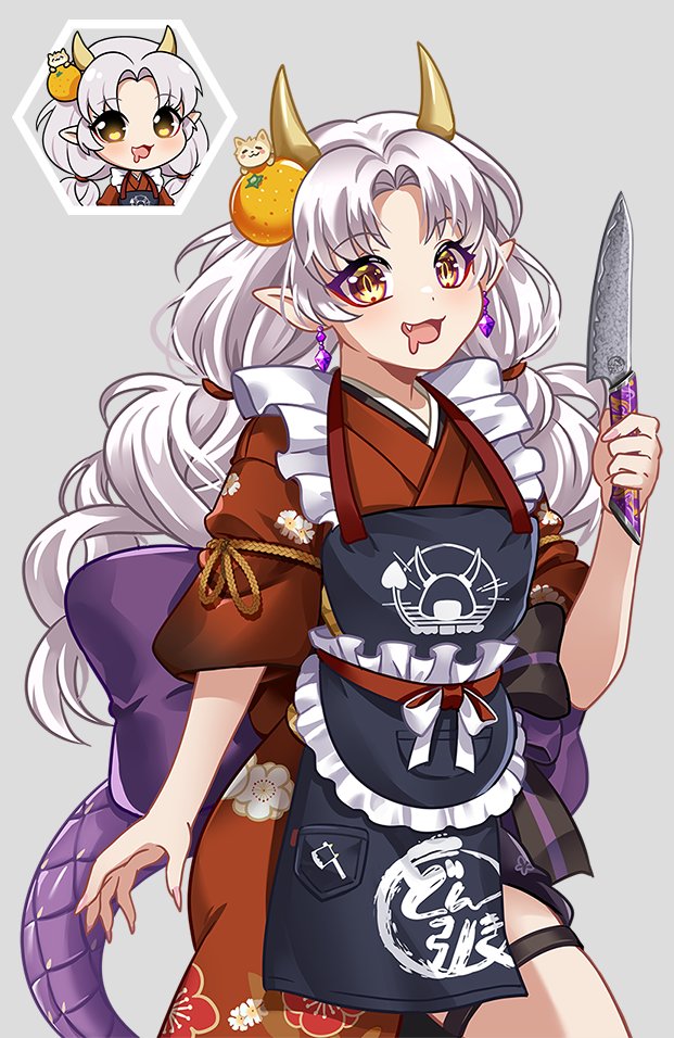 1girl, apron, commentary, demon_tail, earrings, fang, food, fruit