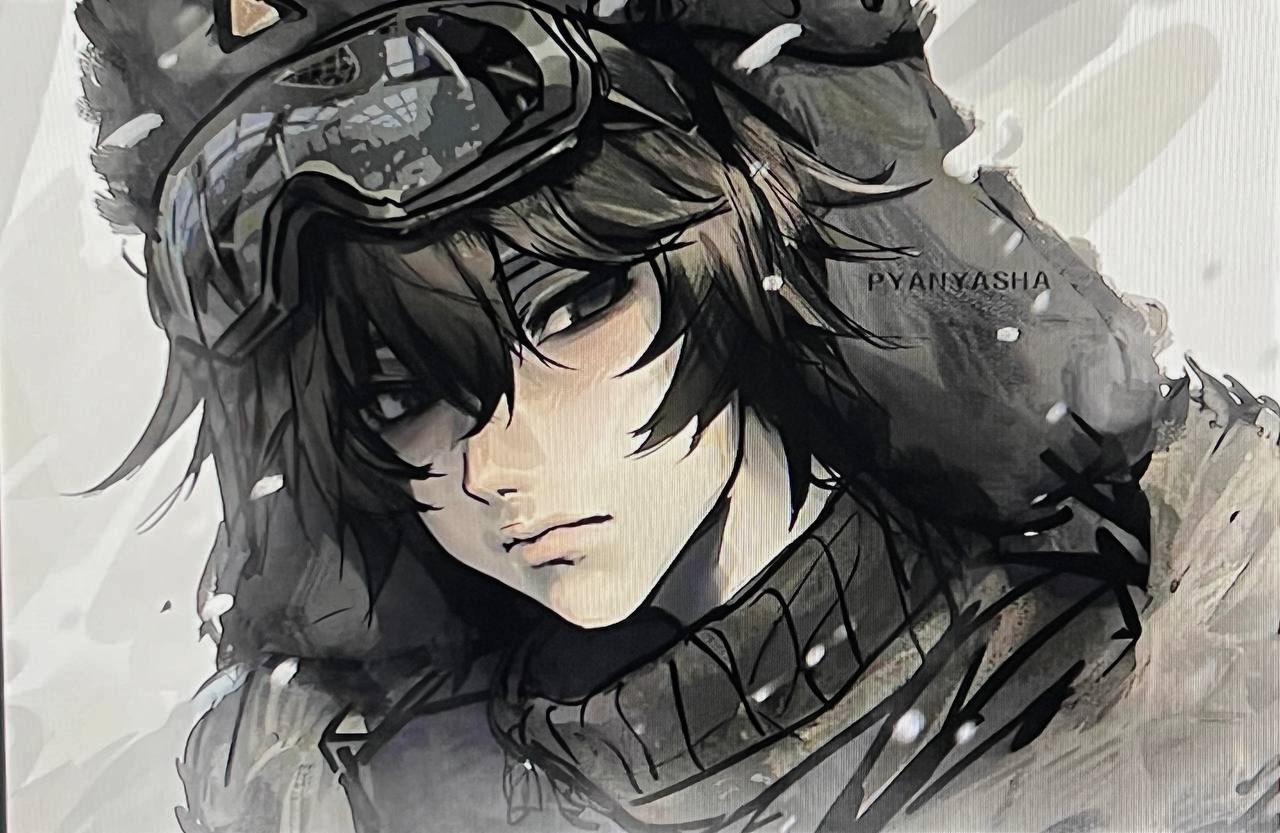 1boy, black_hair, fur_trim, goggles, goggles_on_head, grey_eyes, hat, looking_to_the_side