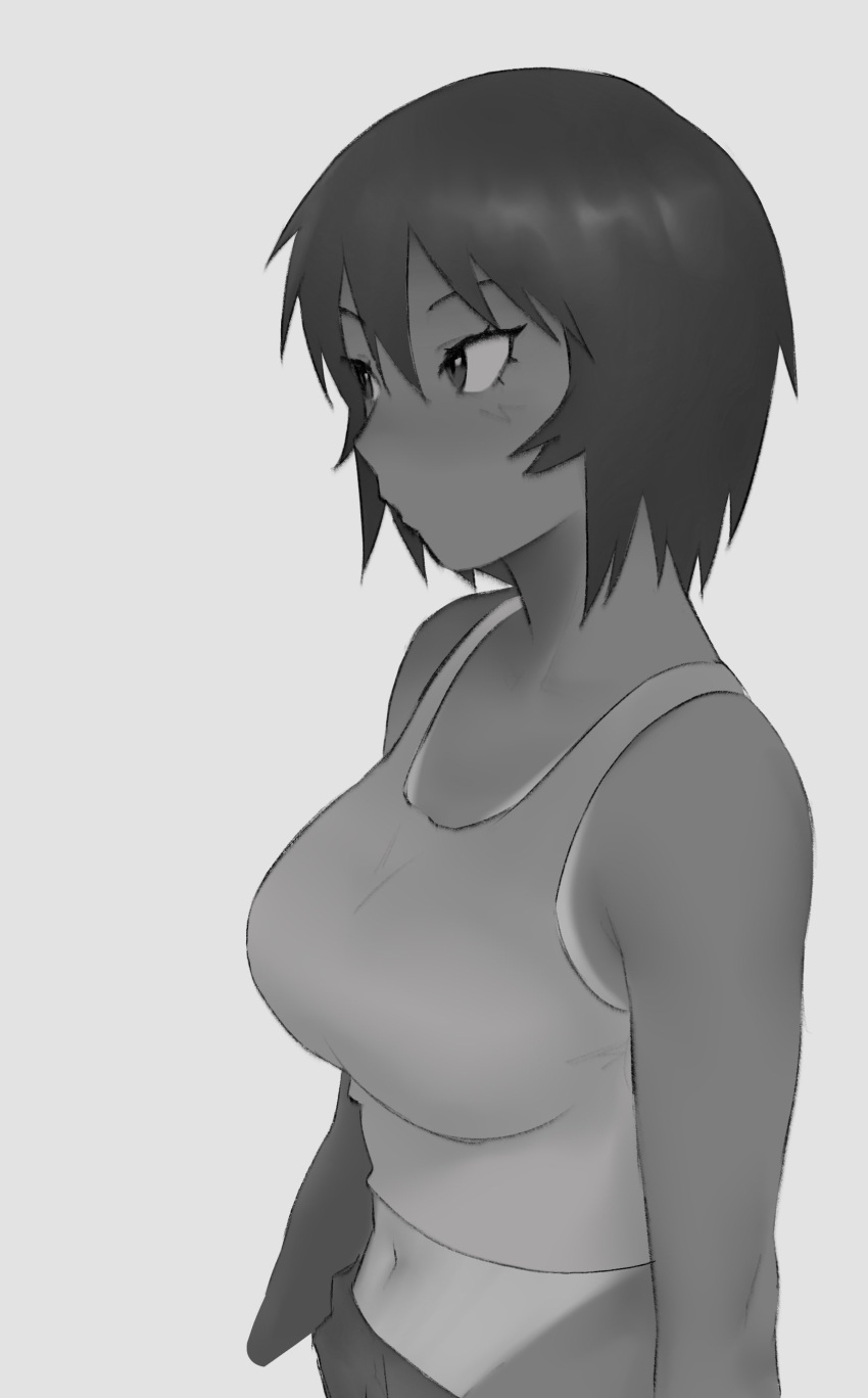 1girl, absurdres, arms_at_sides, azumanga_daioh, bare_shoulders, blush, breasts, closed_mouth