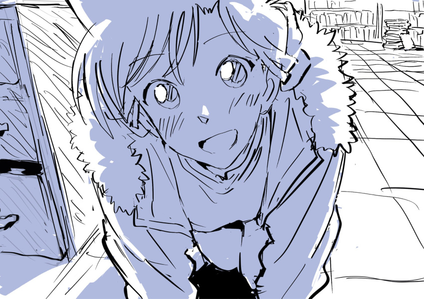 1girl, :d, all_fours, blush, book, book_stack, coat, foreshortening
