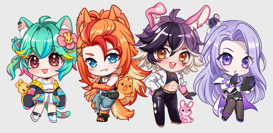 1boy, 3girls, ahoge, ai_candii, animal_ears, black_dress, black_hands, black_pants