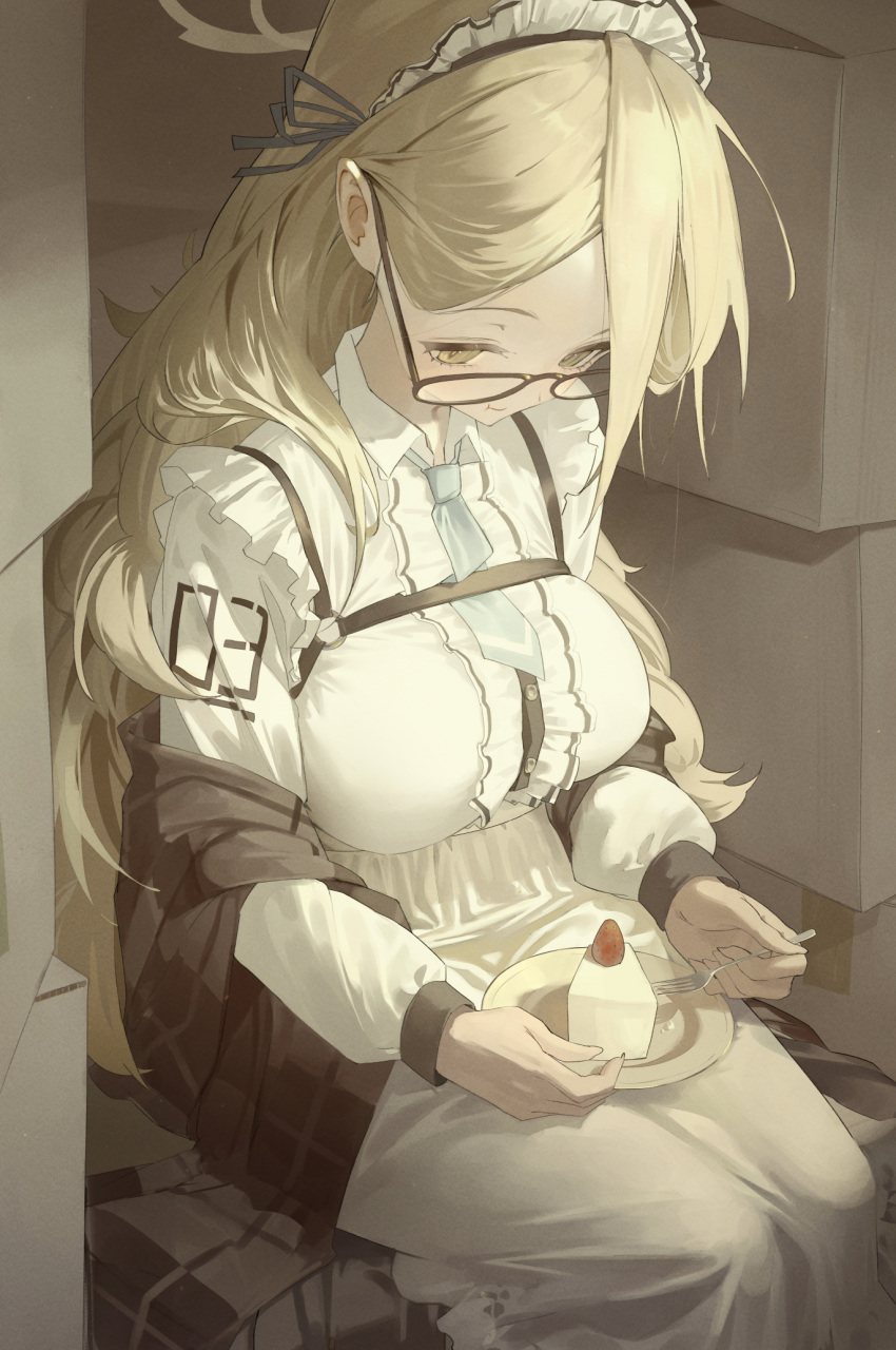 1girl, akane_(blue_archive), black-framed_eyewear, black_shawl, blonde_hair, blue_archive, blue_necktie, box