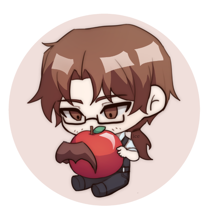1boy, apple, arthropod_limbs, black_pants, black_vest, brown_eyes, brown_hair, chibi