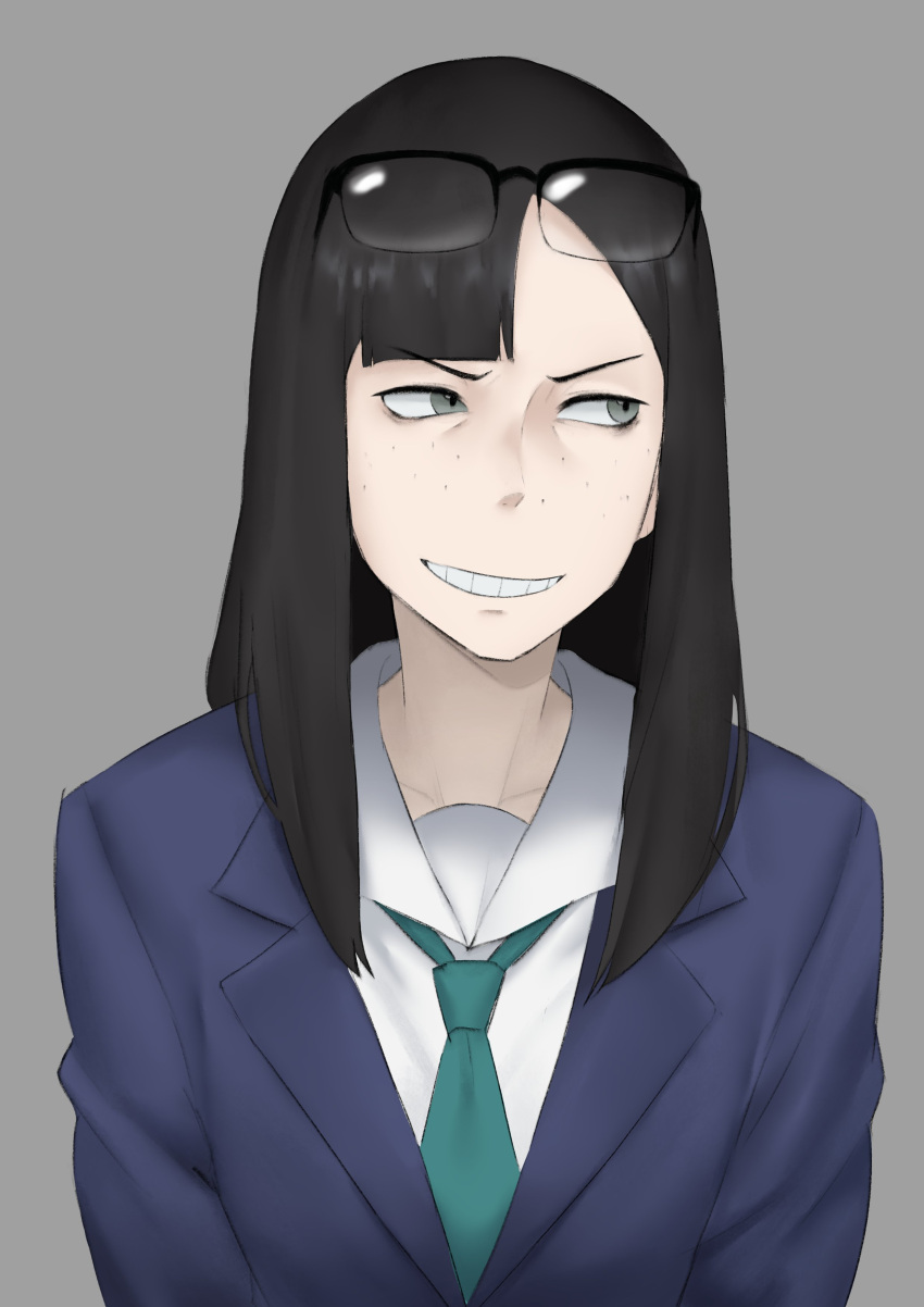 1girl, absurdres, aqua_necktie, asymmetrical_bangs, black_hair, blazer, blue_jacket, collared_shirt