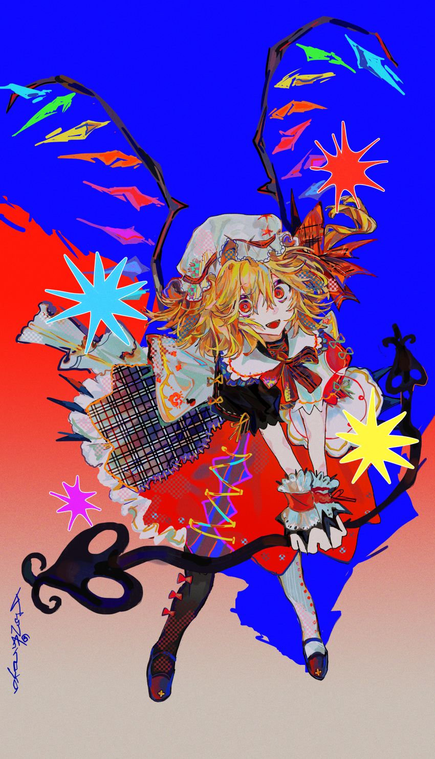 1girl, absurdres, alternate_costume, ascot, blonde_hair, commentary, crystal, crystal_wings