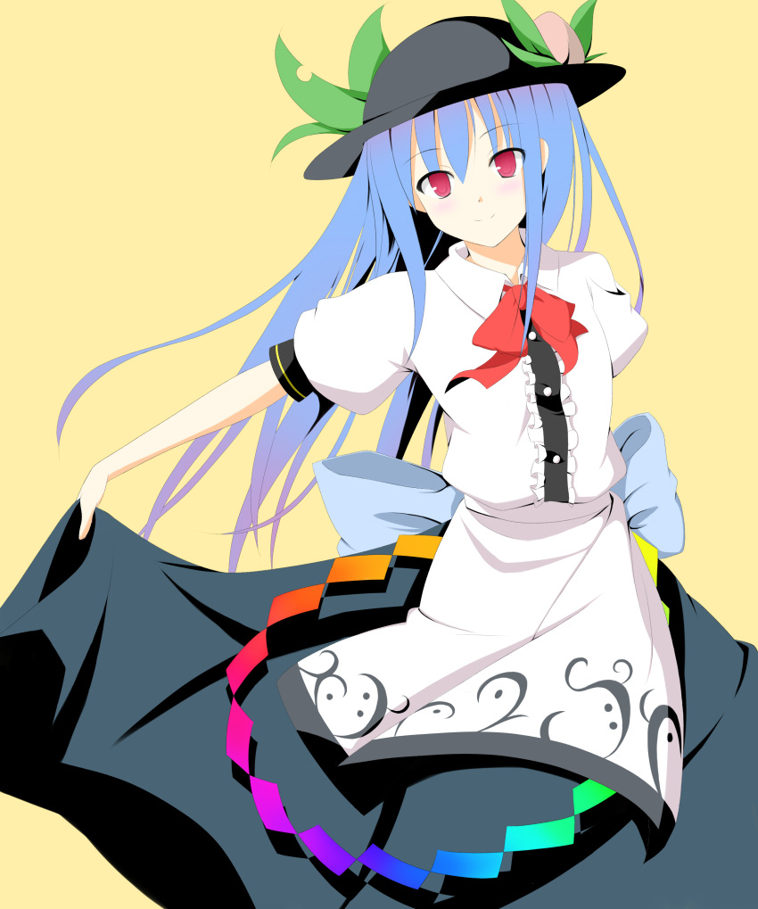 absurdres, bad_id, blue_hair, food, fruit, hat, highres, hinanawi_tenshi